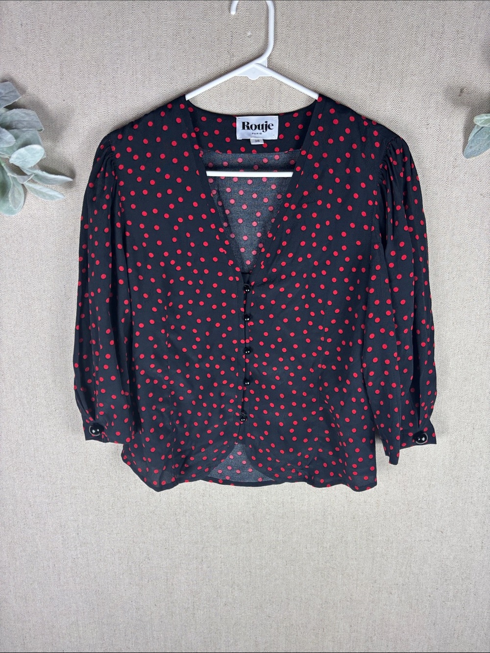 Rouje Paris > Black Blouse with Red Polka Dot Print 38